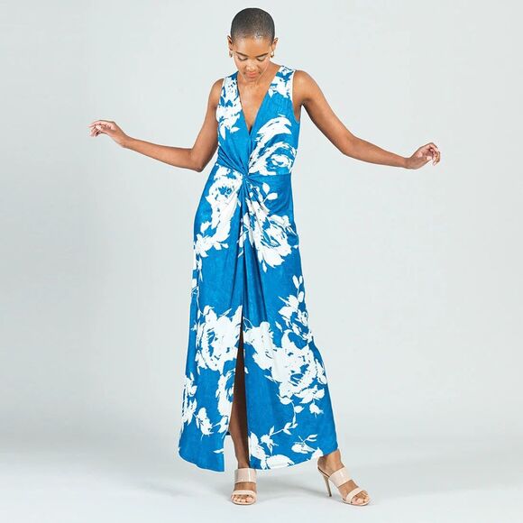 CLARA SUN WOO Crushed Silk Knit Center Slit Maxi Dress Sz M 12 Blue White Floral - Picture 13 of 15